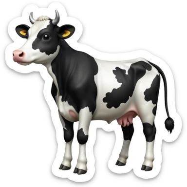 cinematic-[cow]-realistic-full-body-standing-emoji,-tail-flicking-lazily,-head-tilted-dramatically,-sleek-[black and white]-fur,-simplified-yet-realistic-focused-features,-highly-detailed,-glowing-with-an-almost-sarcastic-glow sticker