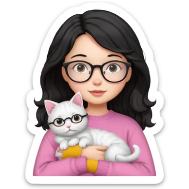 a girl with a black wavey hair, wearing a pink sweater and glasses, holding a cute white cat, only upper body, high quality. sticker