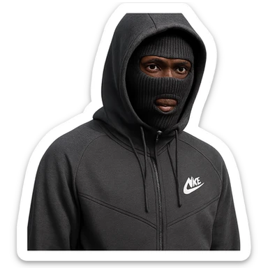a Black individual wearing a ski mask or balaclava, dressed in a Nike tech tracksuit with the hood up, detailed, realistic sticker