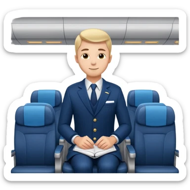 A  male courteous flight attendant checking seat rows with a polite, attentive posture. sticker