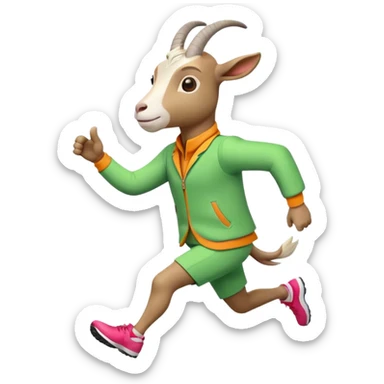 friendly anthropomorphised goat jogging upright in a colourful suit, relaxed pose sticker