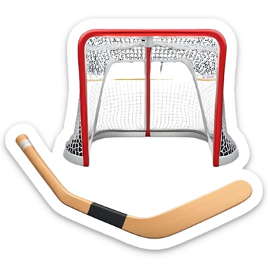 An icon showing a close-up of a hockey stick, puck, skates, and hockey net placed on the ice. The background features a packed stadium with bright lights, cheering fans, and snowy scenery outside. Transparent background highlights the key elements of the game. sticker