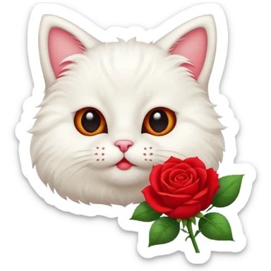 Cute emoji-style white cat holding a red rose in its mouth, big round eyes, fluffy fur, clean mascot style, centered, transparent background, 1:1 ratio. sticker