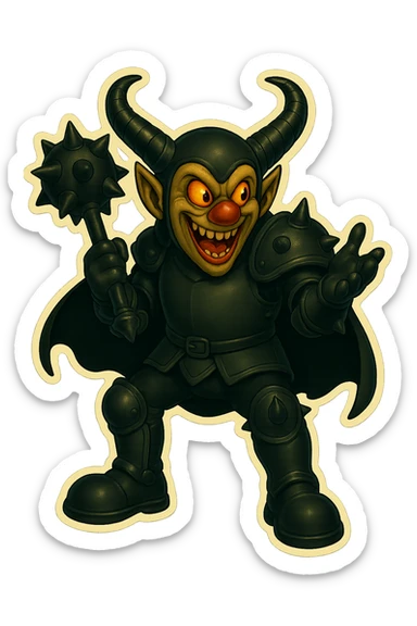 A menacing armored clown with ram horns, glossy black on matte black armor, short cape, large but not comically oversized black clown shoes, oversized spiked mace resting on the ground or held loosely, calm and relaxed posture, not in battle, mouth open as if talking, gesturing with one hand, spikes on knee, elbow, and shoulder armor, glowing gold-red eyes, vibrant retro stickers style, no yellow aged tint, full body, transparent background. sticker