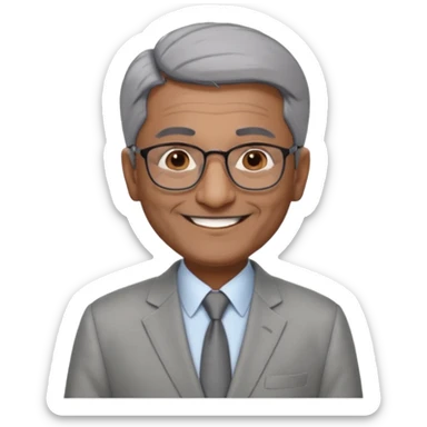 60 yr old indian man, short straight dark grey hair brushed foreward , light grey business suit, big smile, dark brown skin, no moustache, dark brown eyes, glasses
 sticker