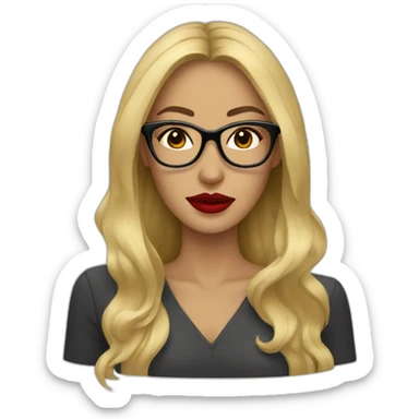 woman, big blonde long hair, black glasses, red lipstick sticker