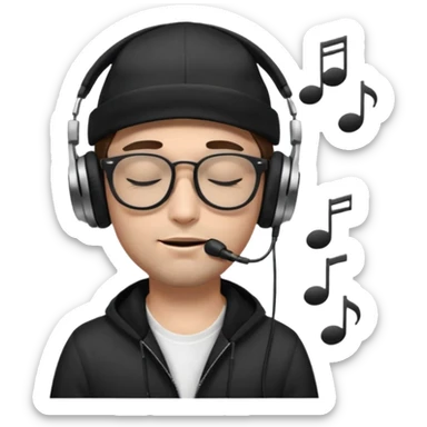 dj man white with baseball cap - rayban glasses - brown hair - closed eyes with headphones on with musical note over head (listening to music ) - eyes closed no glasses - black hat  musical notes floating around head - NO GLASSES sticker