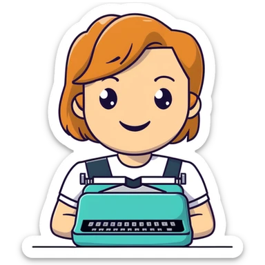 female writer, light skin, strawberry blonde page haircut, round face, freckles, smiling, with a typewriter sticker