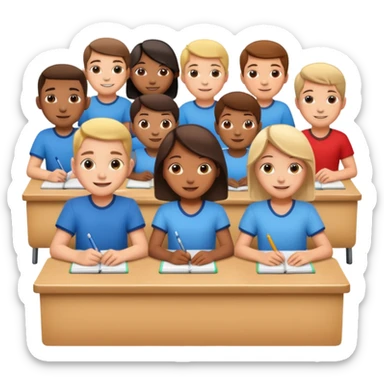 school children sitting in a row behind their school desks sticker