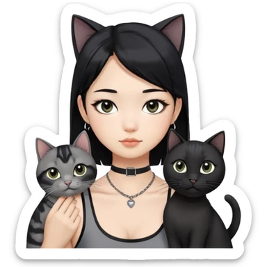 Asian girl, black hair with grey highlightsi , slightly longer than shoulder.  Holding two BLACK cats. one cat has a round fat face, the other one has a slightly slimmer face. The girl also wearing a black singlet, a black chocker, silver round hook earring, and wearing eyeliner.  sticker