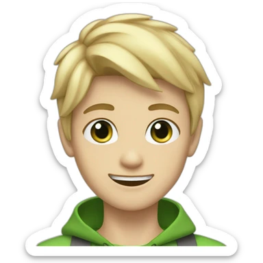 Blonde teen boy with medium short hair, green eyes, waving hi to the camera sticker