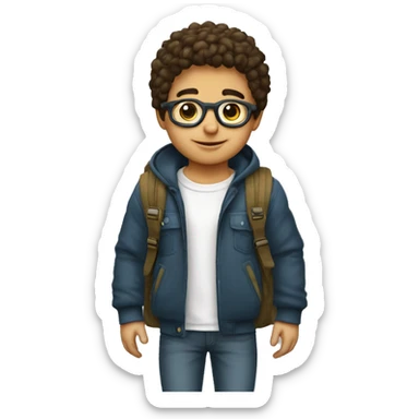 un niño blanco con pelo rulado corto y lentes con mochila sticker