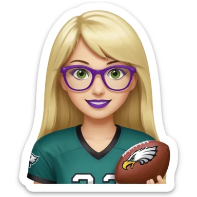 long blonde hair with straight bangs, black rectangle glasses, female, green eyes wearing eagles uniform jersey number 33 holding football smiling purple lipstick sticker