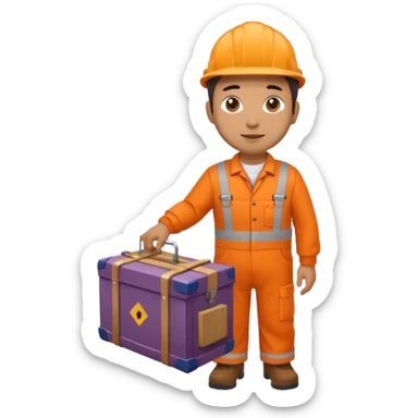 railway engineer, orange overalls carrying a box sticker