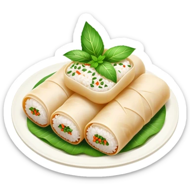 Bánh Cuốn Cinematic Realistic Bánh Cuốn Dish Emoji, depicted as delicate steamed rice rolls garnished with chopped mint on top, rendered with lifelike textures and fresh, vibrant lighting. sticker