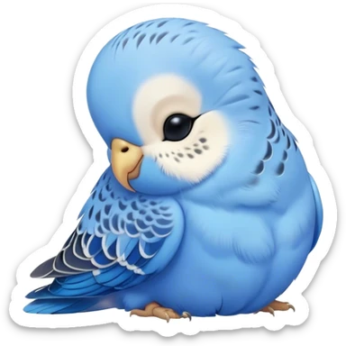 Meme-Worthy Cute Sleeping Blue Budgie Portrait Emoji, Head resting peacefully with a contented smile, showcasing a petite, delicate build and a luxuriously soft blue feathered fur, eyes shut in a serene nap, Simplified yet hilariously adorable features, highly detailed, glowing with a soft, drowsy light, high shine, relaxed and utterly lovable, stylized with an air of playful laziness, bright and heartwarming, soft glowing outline, capturing the essence of a comically sleepy budgie, so meme-worthy it feels like it could instantly become the next viral sensation of adorable slumber! sticker