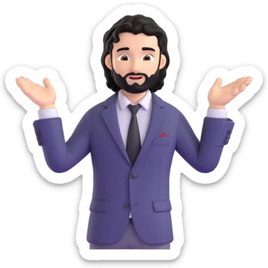 Business strategist with black wavy hair, stubble, chiseled face, wearing blazer and button-up shirt, leading a dynamic leadership workshop, engaging with a circle of participants, energetic teaching pose sticker
