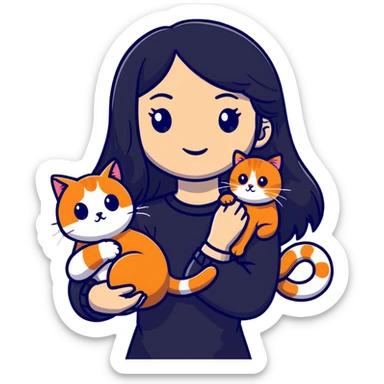 beautiful elegant girl with long black hair holding a friendly ginger cat sticker