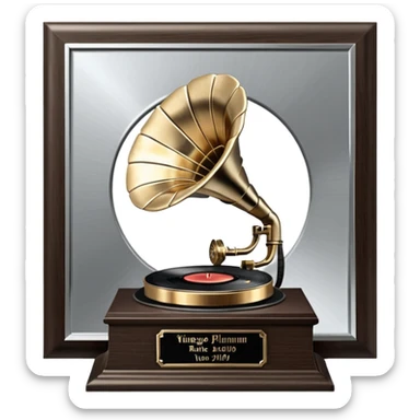 A platinum music award plaque: a square, polished platinum plate with a subtly textured, mirror-like finish, mounted on a simple dark wood base. The center features a relief of a vintage gramophone or stylized vinyl record in a slightly darker metallic tone.  sticker