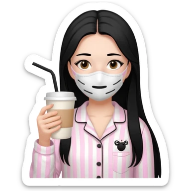 chica de pelo lacio color negro cabellera larga piyama blanca con rayas rosa claras peo no tan claras no oscuras el bordado es negro al igual que los botones )tiene una mascarilla para la carablanca y sostiene y cafe con bolitas nedras al dondo con unsorbete tranparente y es de test blanca  sticker