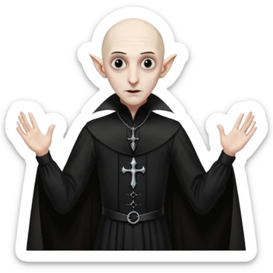 A thin, bald man with a hooked nose, darkly made-up eyes, in a black Gothic dress, very similar to Nosferatu, the singer of the band Classix Nouveaux - with his arms outstretched like on the cover of the album Night People. Very detailed! sticker