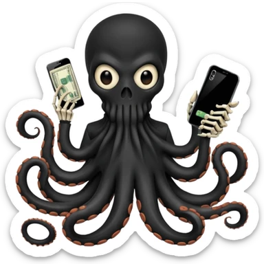 satanic octopus skeleton with scary evil eyes, wearing a black balaclava. 1 tentacle is holding a cellphone, 1 tentacle is holding a bone, 1 tentacle is holding a stack of cash. sticker