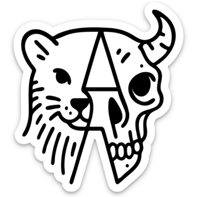 a red minimalist icon with sophisticated line art, left half showing stoat face with precise detailed fur lines, right half showing minotaur skull with intricate bone texture and broken horn, negative space in middle forms letter A, sparse overall but with high-quality detailed lines sticker