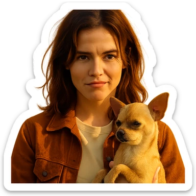 portrait centered of a woman inspired by the face of Zoe Deutch, tanned skin, subtle freckles, rebellious and playful expression, medium-length brown hair with auburn highlights, wearing a shirt color #FFF8CA, rust-colored jacket, holding a beige-brown chihuahua, golden hour effect, transparent background, Netflix series style sticker