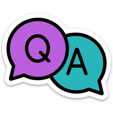 two chat box bubbles, one purple with a Q and one teal with an A, overlapping or side by side, modern icon style, clean and friendly sticker