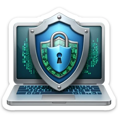 An icon featuring a digital shield with a lock, binary code, symbolizing cybersecurity. The design includes a laptop, warning icons, and secure network nodes, representing protection against cyber threats. Transparent background highlights digital safety and defense. sticker