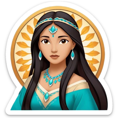 Cinematic Majestic Pocahontas Portrait Emoji, rendered in a clean, vector-style with bold shapes. Show Pocahontas with a serene, noble expression, radiant sun-kissed skin, and elegantly flowing dark hair, dressed in traditional garments with subtle turquoise accents. The design radiates a majestic, natural glow, high shine, and a soft glowing outline, capturing her regal beauty. sticker