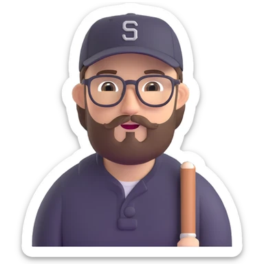 adventurer with goatee beard (no beard on cheeks), short hair, glasses and backwards baseball cap sticker