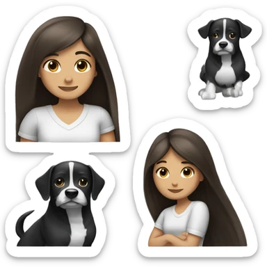 Brunette girl with long straight hair hugging a black and white dog sticker