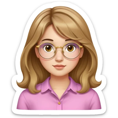 young adult woman with light skin, round face, prominent cheeks, medium plump body, long light brown hair with golden highlights, voluminous and wavy, long bangs over eyebrows, large octagonal glasses with thin golden or light pink frame, casual dark shirt sticker
