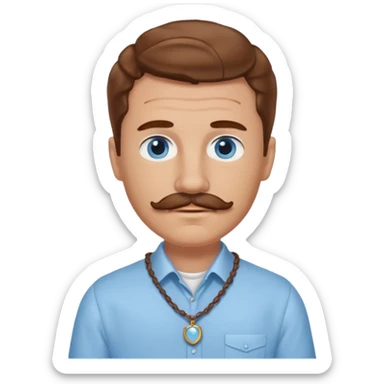 Benson Boone blue eyes, brown wavy hair and mustache, light blue dress shirt with necklace sticker