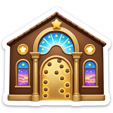 Exterior of a divine floating cookie factory, golden architecture, infinite cookie stream flowing from the entrance, glowing aura, celestial clouds surrounding it, emoji-style sticker