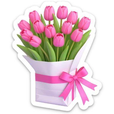 A bouquet of pink tulips in a white paper bag tied with a pink ribbon, in 3D iOS style, pastel colors, soft shadows, clean and minimalistic design. sticker