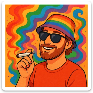 A relaxed man with a rainbow hat, sunglasses, and a joint, surrounded by colorful smoke, playful and friendly, LGBTQ+ pride theme sticker