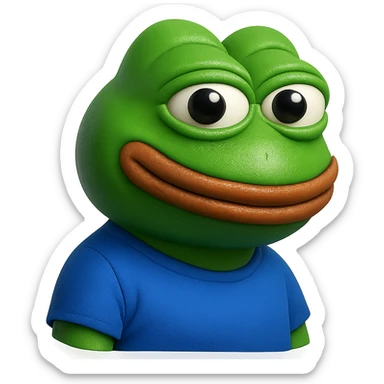 pepe in
- 3d style
- bright green
- blue shirt
- smiling
- looking straight at the camera
- good highlights and shadows
- 30deg angled towards the right
- 20% inset padding
- nice rounded cut off at the bottom sticker