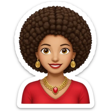 Brownskin girl dark brown hair afro brown eyes smiling red shirt gold esrrings gold necklace sticker