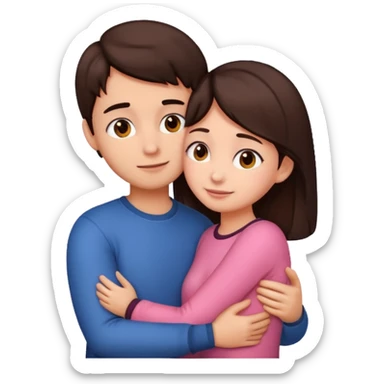 Girl and boy couple Both peach skin and darkish brown hair hugging emoji looking at eachother sticker