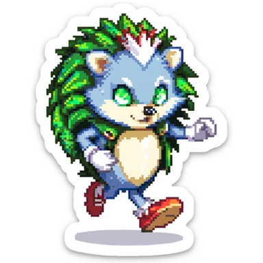 scene of a blue anthropomorphic hedgehog with spiky quills, large green eyes, white gloves, red shoes with white strap and gold buckle, running at high speed in a lush Green Hill Zone with looping hills, checkerboard terrain, golden rings, and motion blur lines, dynamic energetic pose sticker