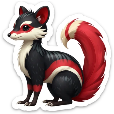 Feral Rare Fantasy shiny soft fuzzy furry vibrant tropical obsidian-black and crimson-red Vernid-Trico-species-creature by LiLaiRa, random markings, tufted tail, tufted ears, full body with markings with white skunk-tail-stripes sticker