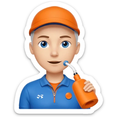 Make a friendly emoji style mascot for Sports Eye. Character will be blue sporty eye with a face, wearing a whistle, symbolizing coach giving guidance. design should be modern, friendly, & energetic, like a sports coach avatar. Primary color #2051E5 small touch of orange. sticker