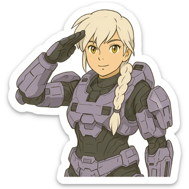 victory salute, female, wearing reach spartan armor shoulder-unequip, long white braid hair with massive messy front side single bangs, gold yellow eyes, attention pose, D-cup size, HALO:series, no helmet, the armor is lavender color scheme, sticker