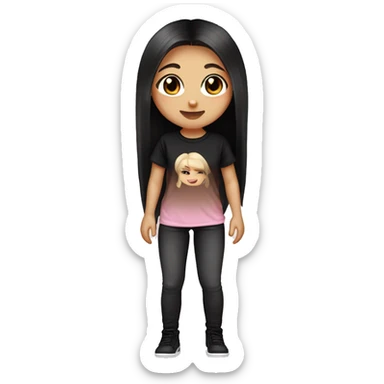 Slavic girl, light skin, long eye lashes, pink beige lips, brown eyes, long black-to-blonde ombre straight hair, black T-shirt, chibi, smiling. sticker