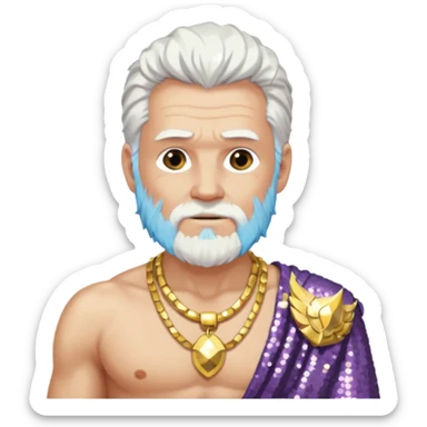 Odin with white hair, white sequin loincloth, shirtless with necklace sticker
