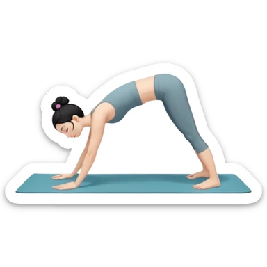 white girl with black long hair in a messy bun doing yoga position - downward facing dog sticker