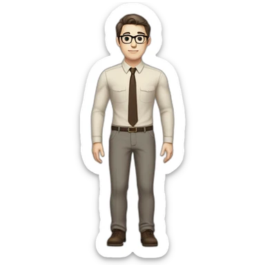 Full height Pale skinned fit man with dark brown hair in gray jacket, beige office shirt, brown tie, brown pants and vintage glasses. His right hand stretched out sticker