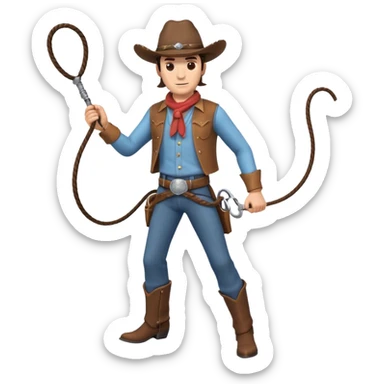 cowboy man holding a whip, dynamic pose, western outfit, adventure vibe, 3D cartoon, mobile game icon style, clean background, no text, no watermark
 sticker